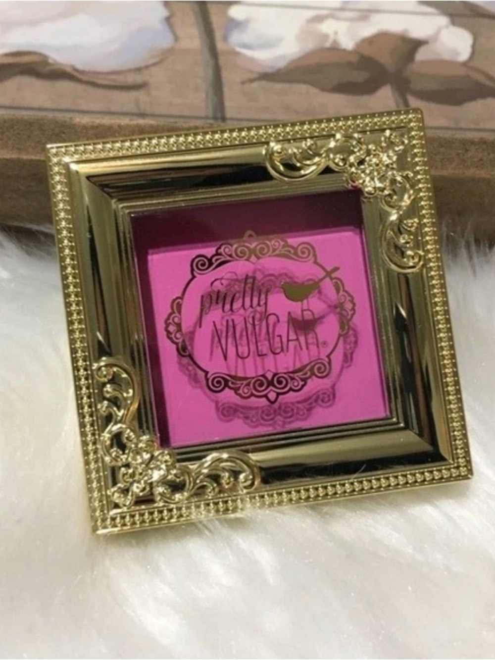 Pretty Vulgar Hot Pink Powder Compact with Gold Ornate Frame